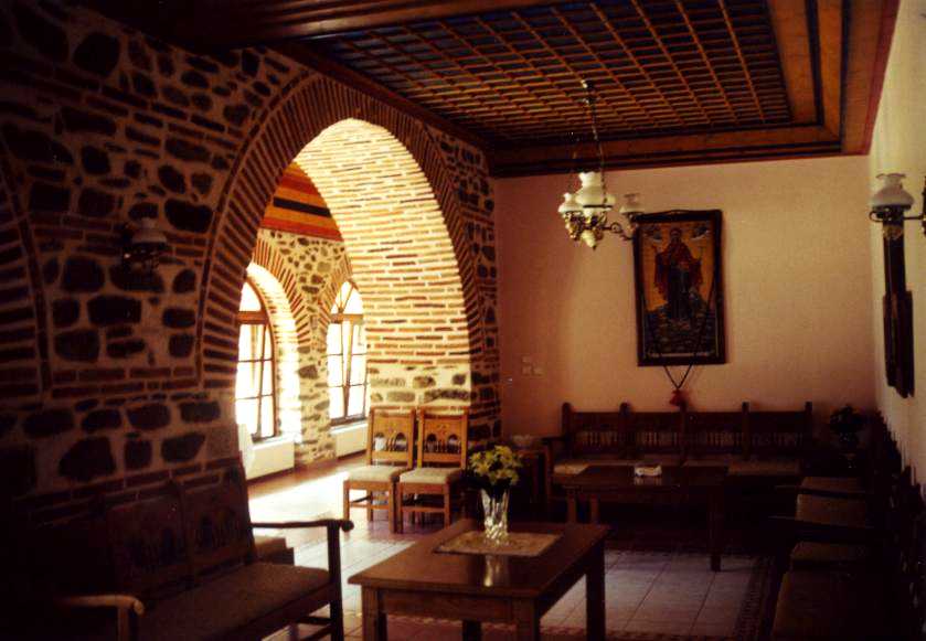 pilgrim restored in the guest´s quarters of Xiropotamou face to face with the Theotokos Igumenitsa