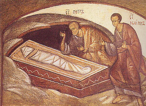 Die Apostel am Grab nach der Verkuendung der Auferstehung durch die Frauen - zeitgen.Ikone von Leonid USPENSKY